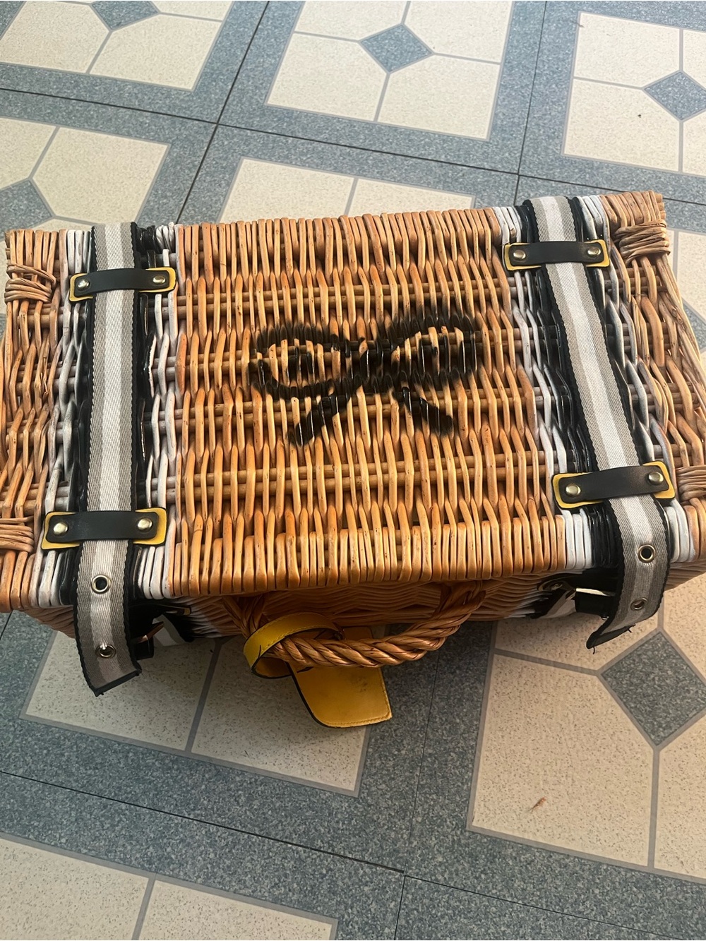 Anya Hindmarch Natural Wicker Tote with Black Bow and Striped Straps